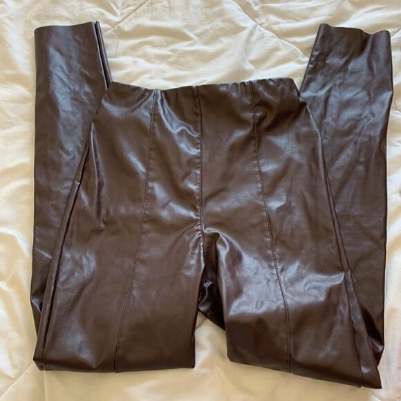 H&M Faux Leather Leggings Chocolate Brown Raw Hem Size 2 - Picture 3 of 4